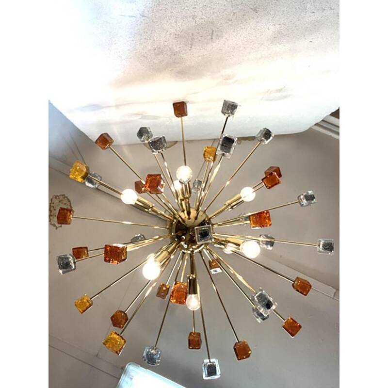 Contemporary Amber and Black Cubes Murano Glass Gold Sputnik Chandelier