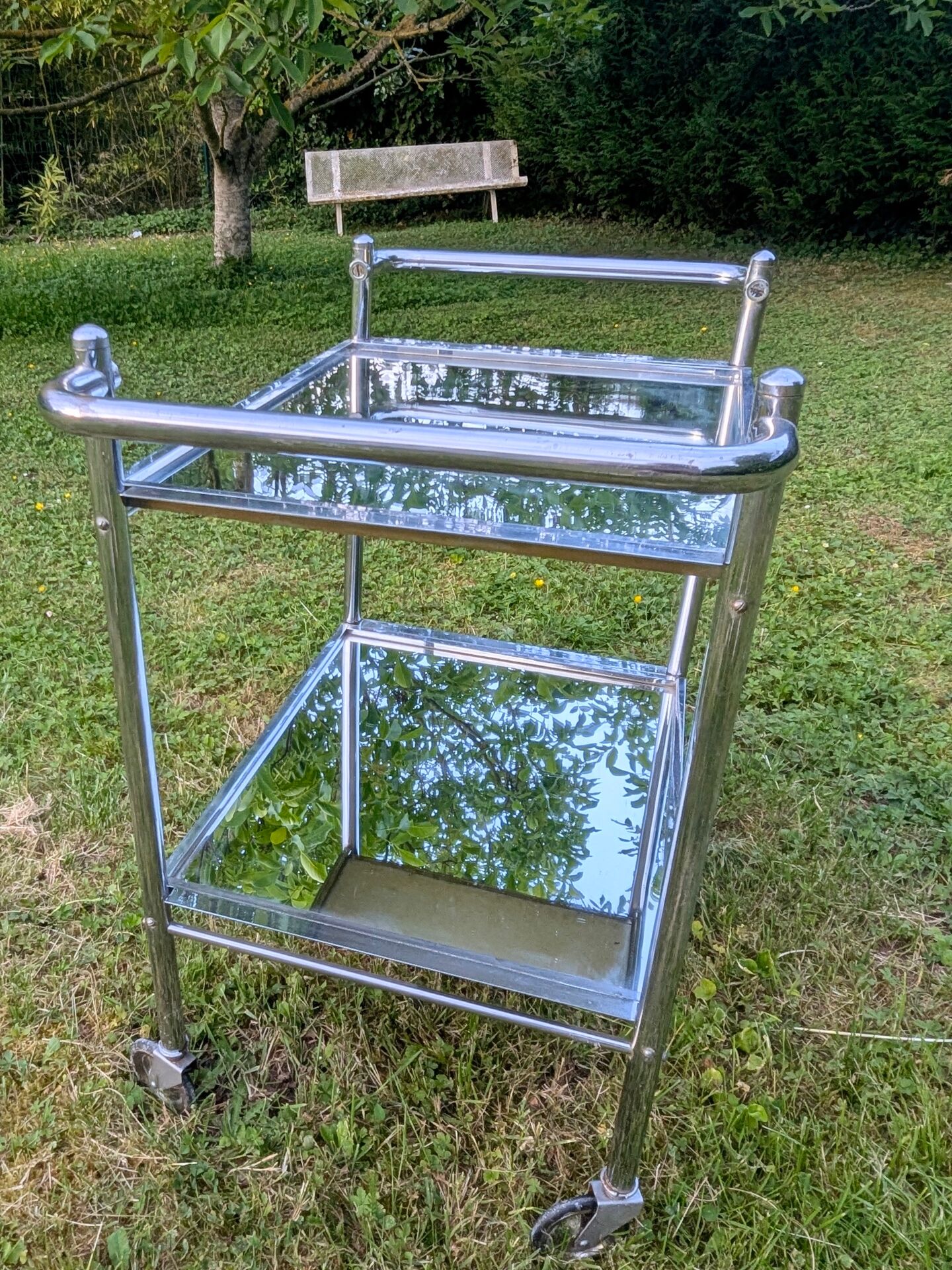 Chariot desserte vintage années 50 laiton nickelé miroir moderniste