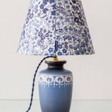 Mid-century modern blue ceramic table lamp with new Liberty London floral shade.