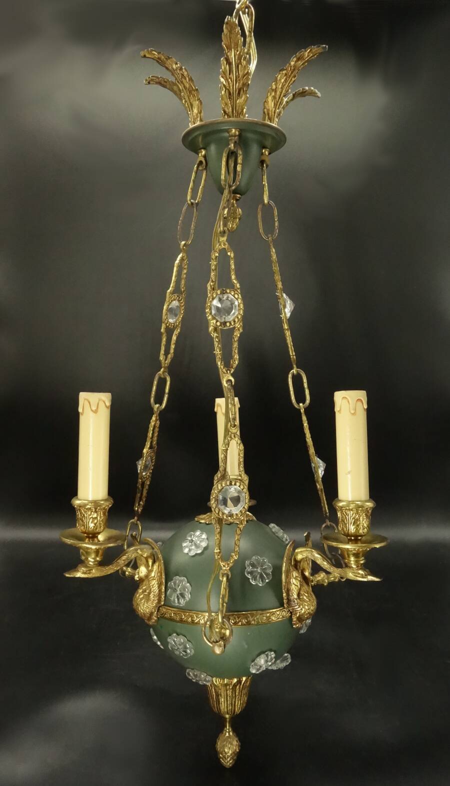 3-light chandelier with swan heads, Empire style - bronze & glass