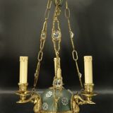 3-light chandelier with swan heads, Empire style - bronze & glass