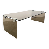 Table basse minimaliste 70s – verre bronze & alu