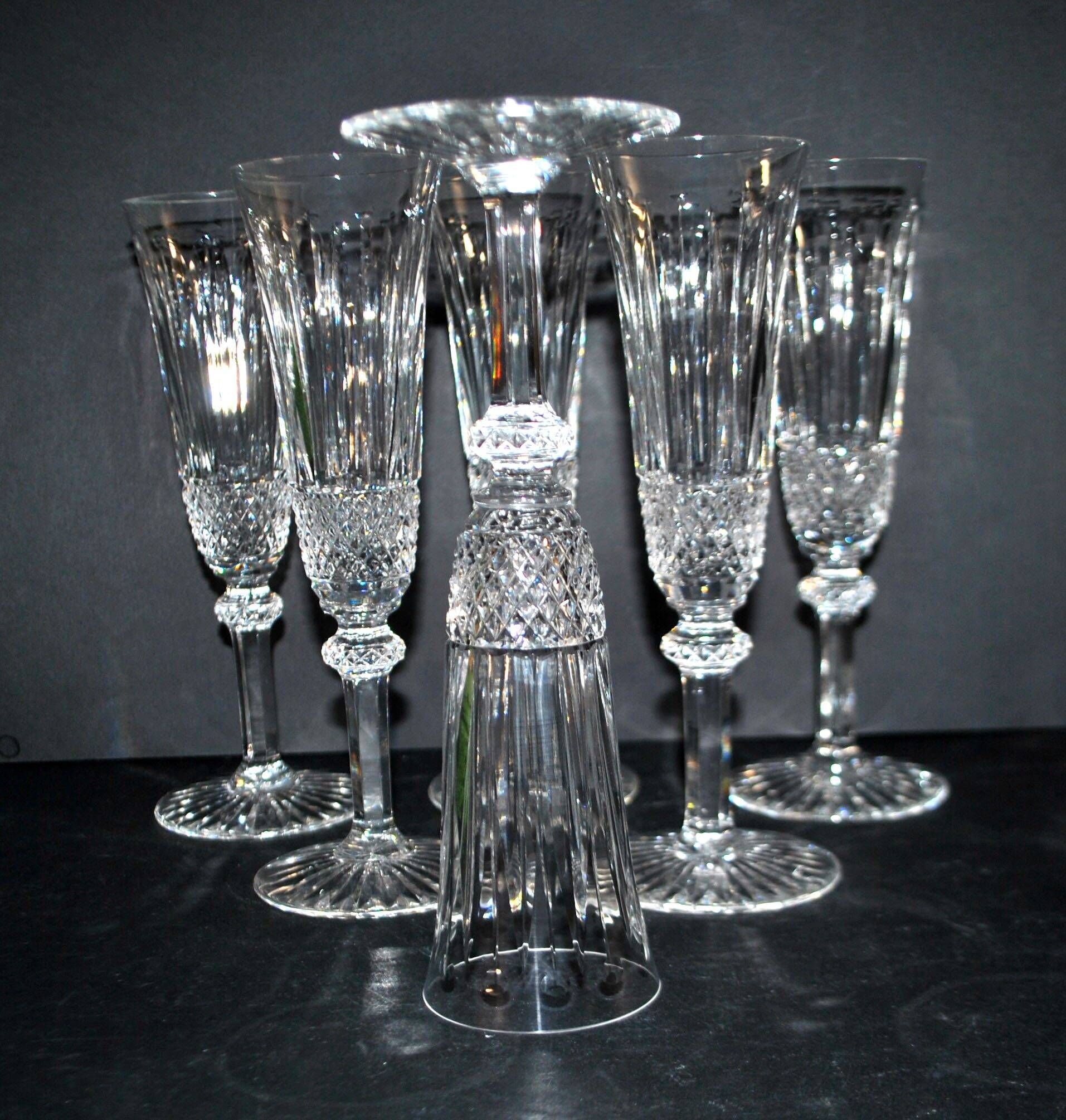 Saint-Louis set of 6 Tommy cut crystal champagne flutes signed H18.5