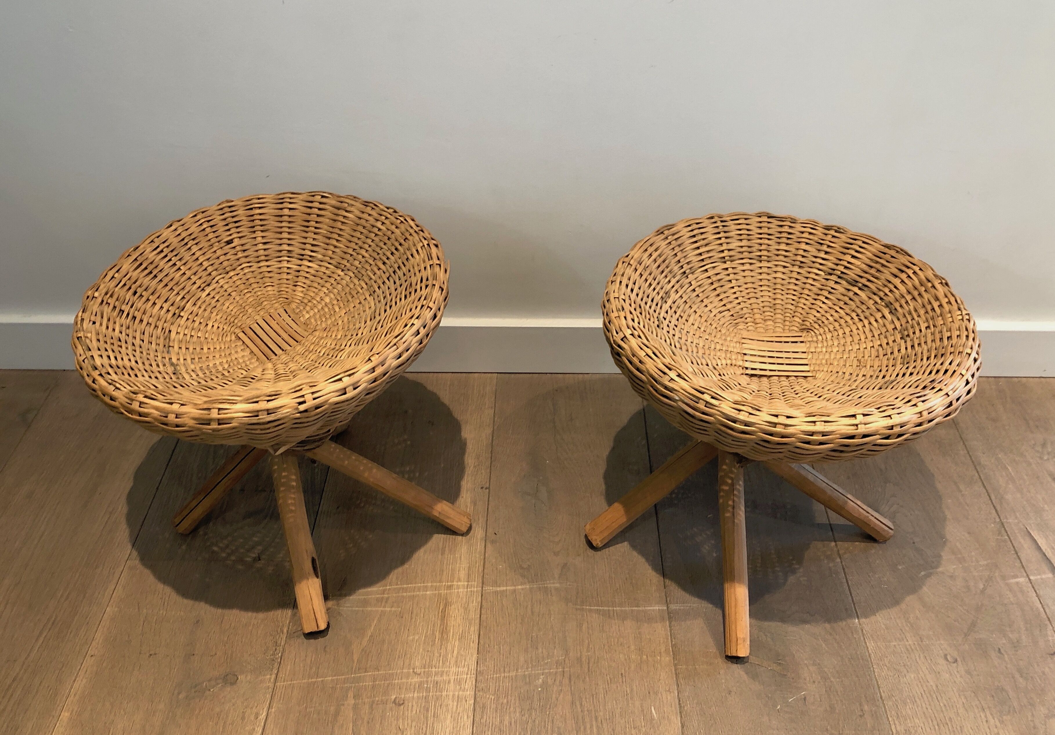 Pair of rattan stools. french work. around 1970