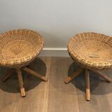Pair of rattan stools. french work. around 1970