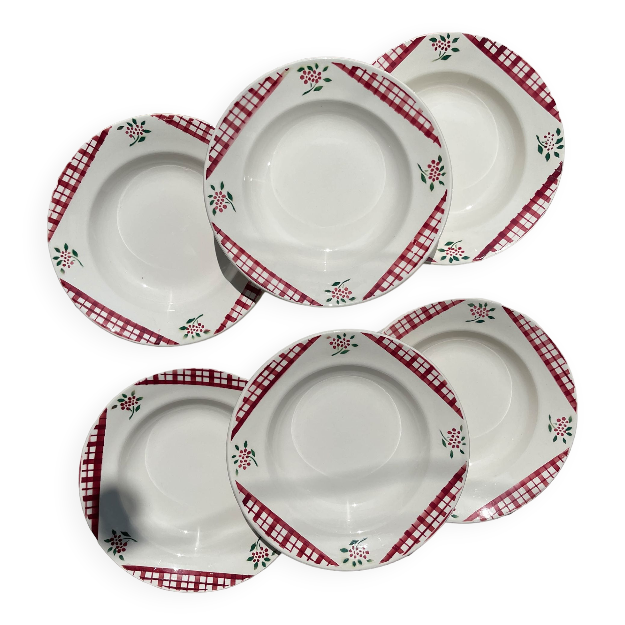 6 Digoin Sarreguemines Niger model soup plates with floral pattern and red/white checks