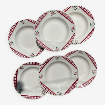 6 assiettes creuses digoin sarreguemines modèle niger motif fleuries et carreaux rouge/blanc