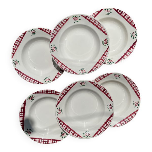 6 assiettes creuses digoin sarreguemines modèle niger motif fleuries et carreaux rouge/blanc