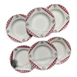 6 Digoin Sarreguemines Niger model soup plates with floral pattern and red/white checks