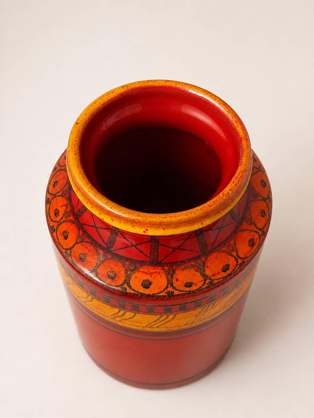 Red vase with engraved decoration, Aldo Londi for Bitossi, Italy, 1960s–1970s.