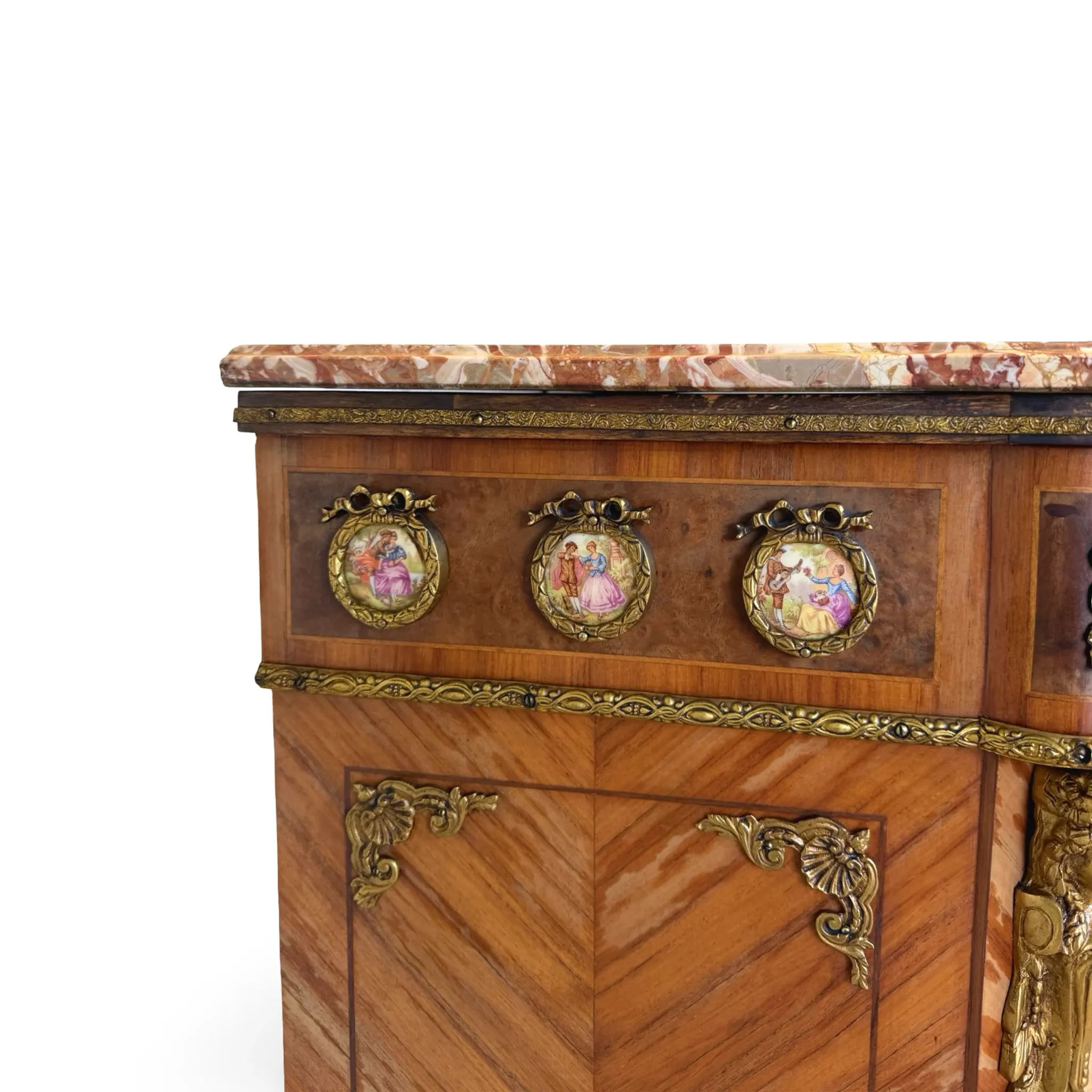 An antique French Louis XVI-style marble-top side cabinet