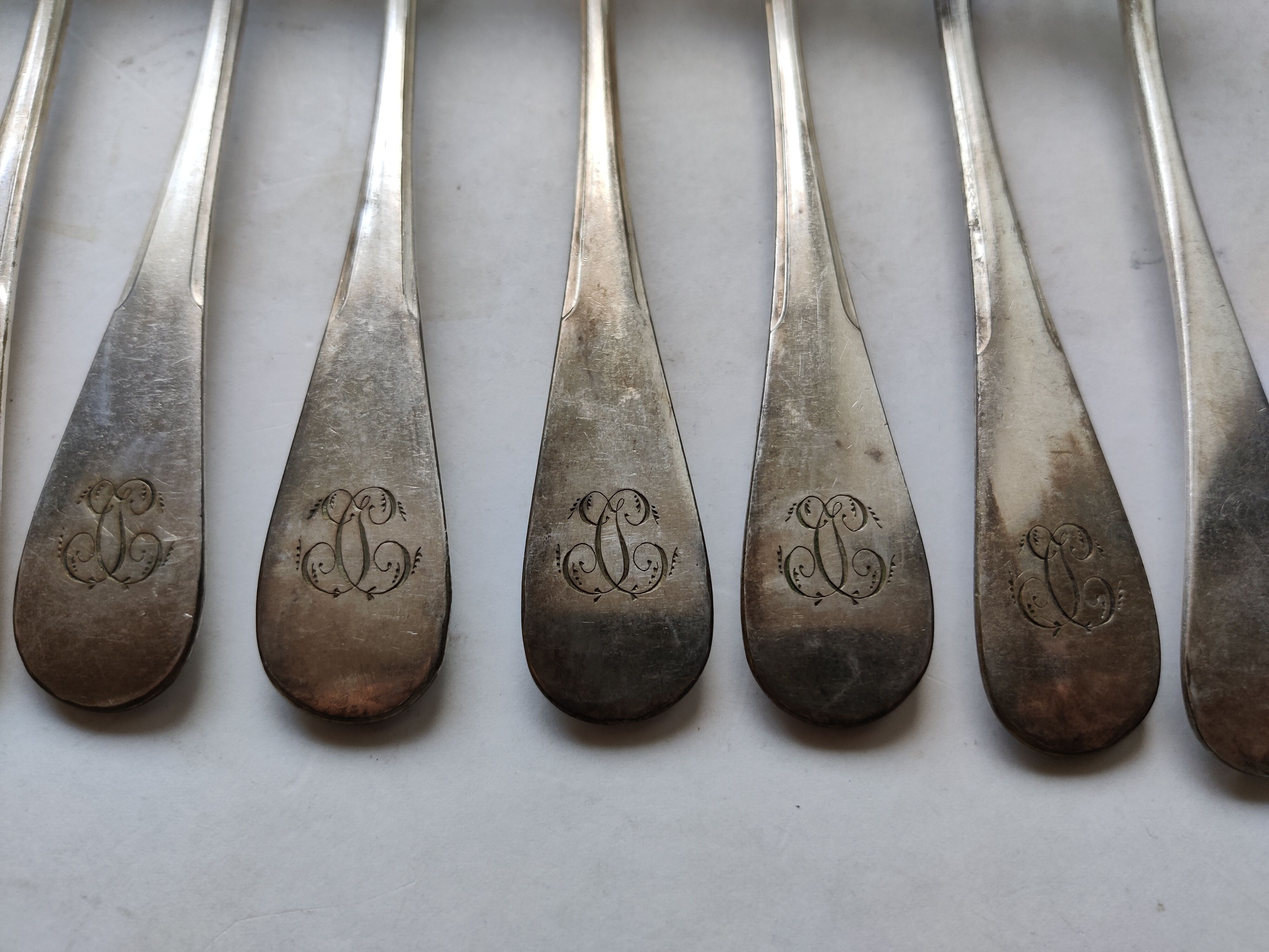 7 forks silver plated baguette christofle monogram J C before 1930