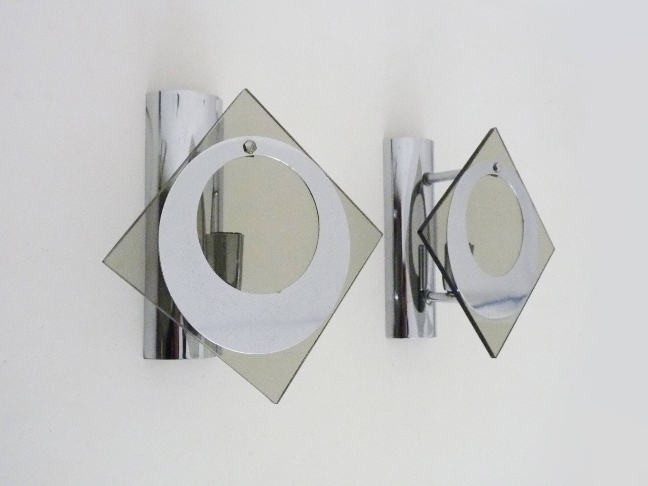 Pair of chrome metal and glass wall sconces, VECA Fontana Arte style.