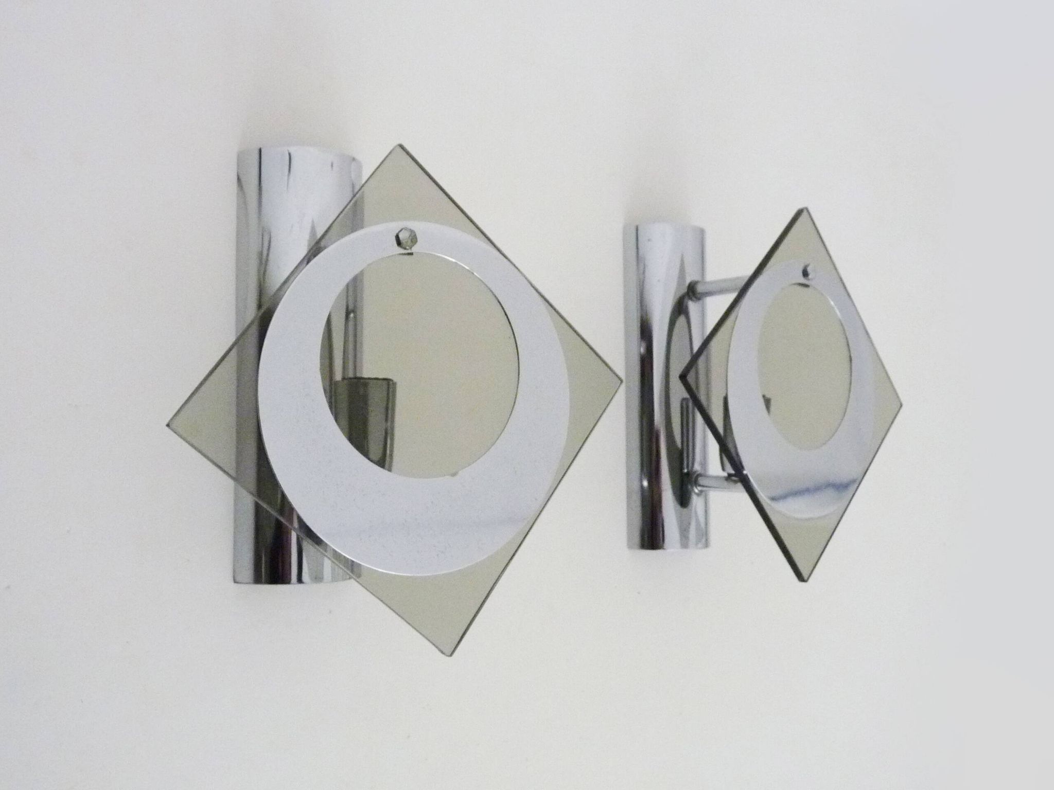 Pair of chrome metal and glass wall sconces, VECA Fontana Arte style.