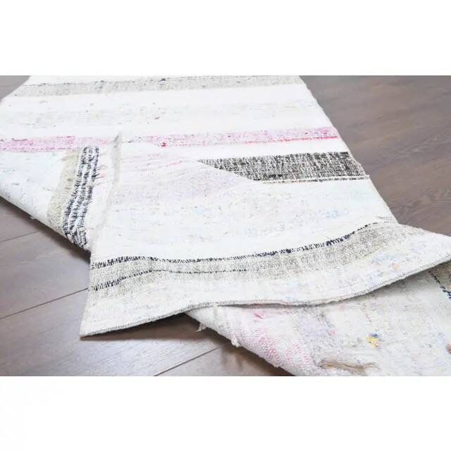 Vintage Turkish hand-knotted wool cotton white kilim runner rug  95x265