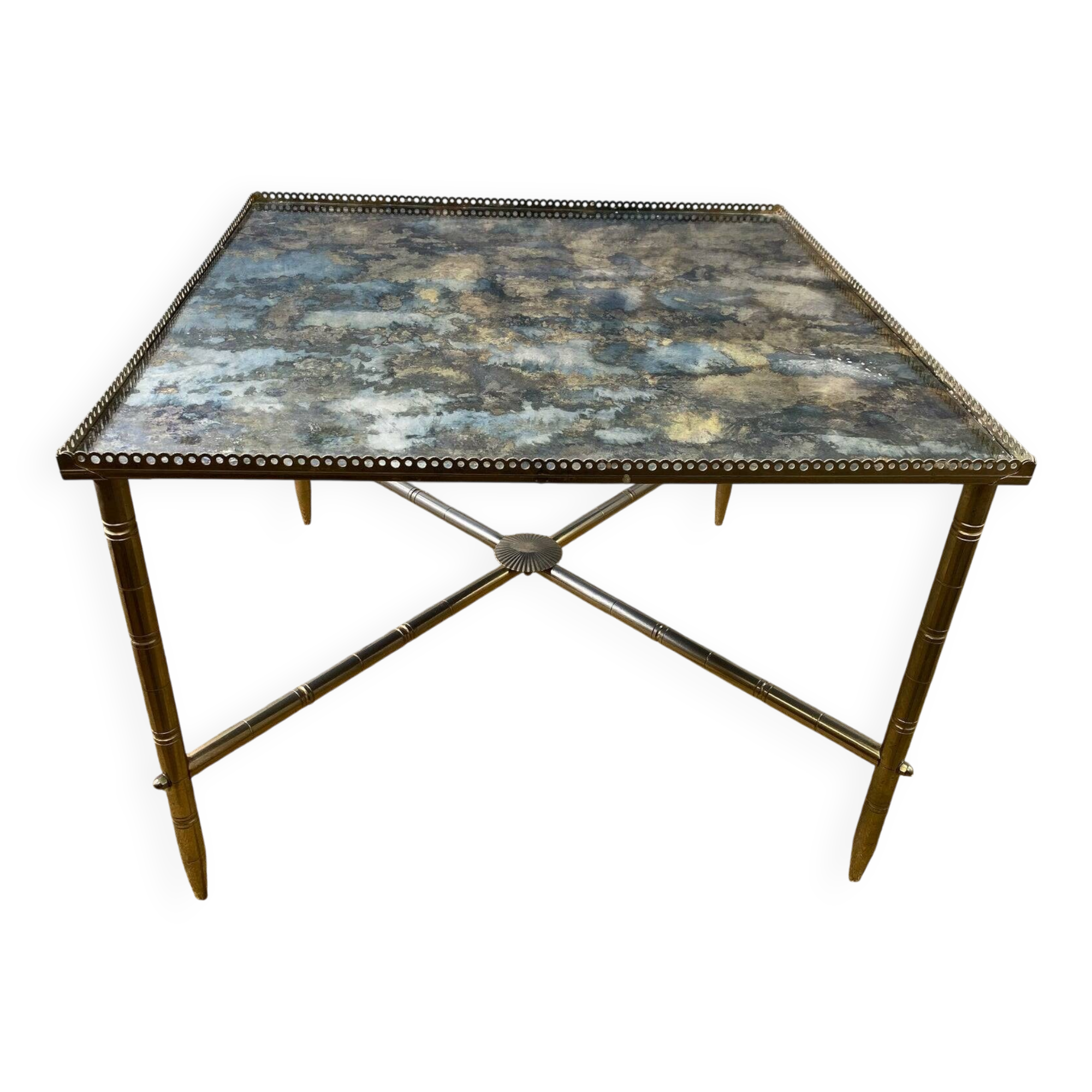 Side table with oxidised metal mirror top on a brass frame, France, 1960s.