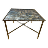 Side table with oxidised metal mirror top on a brass frame, France, 1960s.