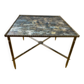 Table d'appoint avec plateau en métal oxydé, miroir et laiton, France, années 1960