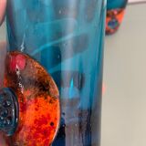 Six blue blown glass and enamel on copper glasses.