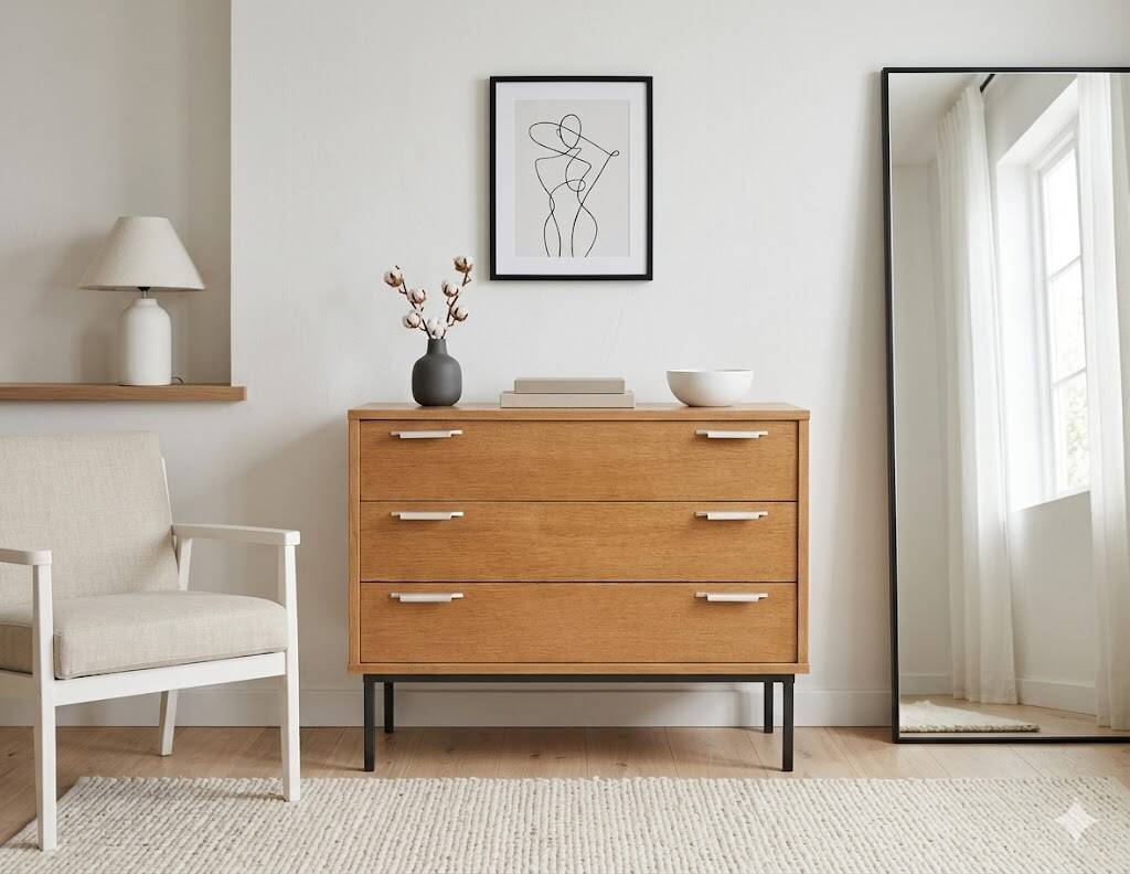 Commode à 3 tiroirs, piètement métal dans le goût d'André Monpoix, 1960