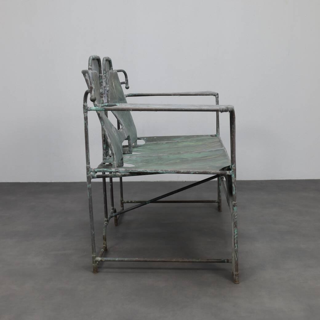 Sculptural bench in copper, zinc and stained glass by Cor de Ree, The Netherlands, 1999
