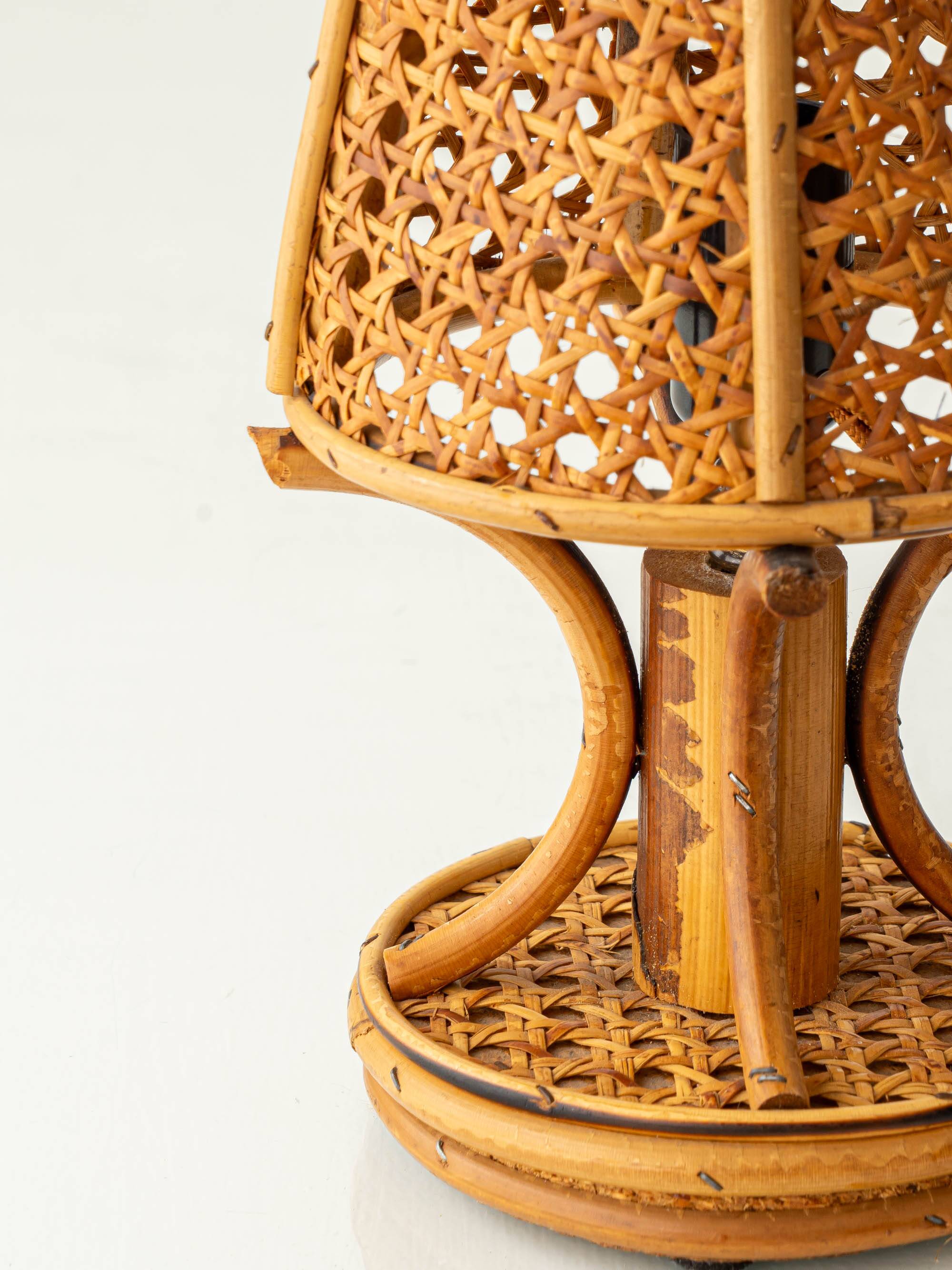 French Riviera Bamboo Rattan Table Lamps, Pair, Vienna Straw Shades, 1960s