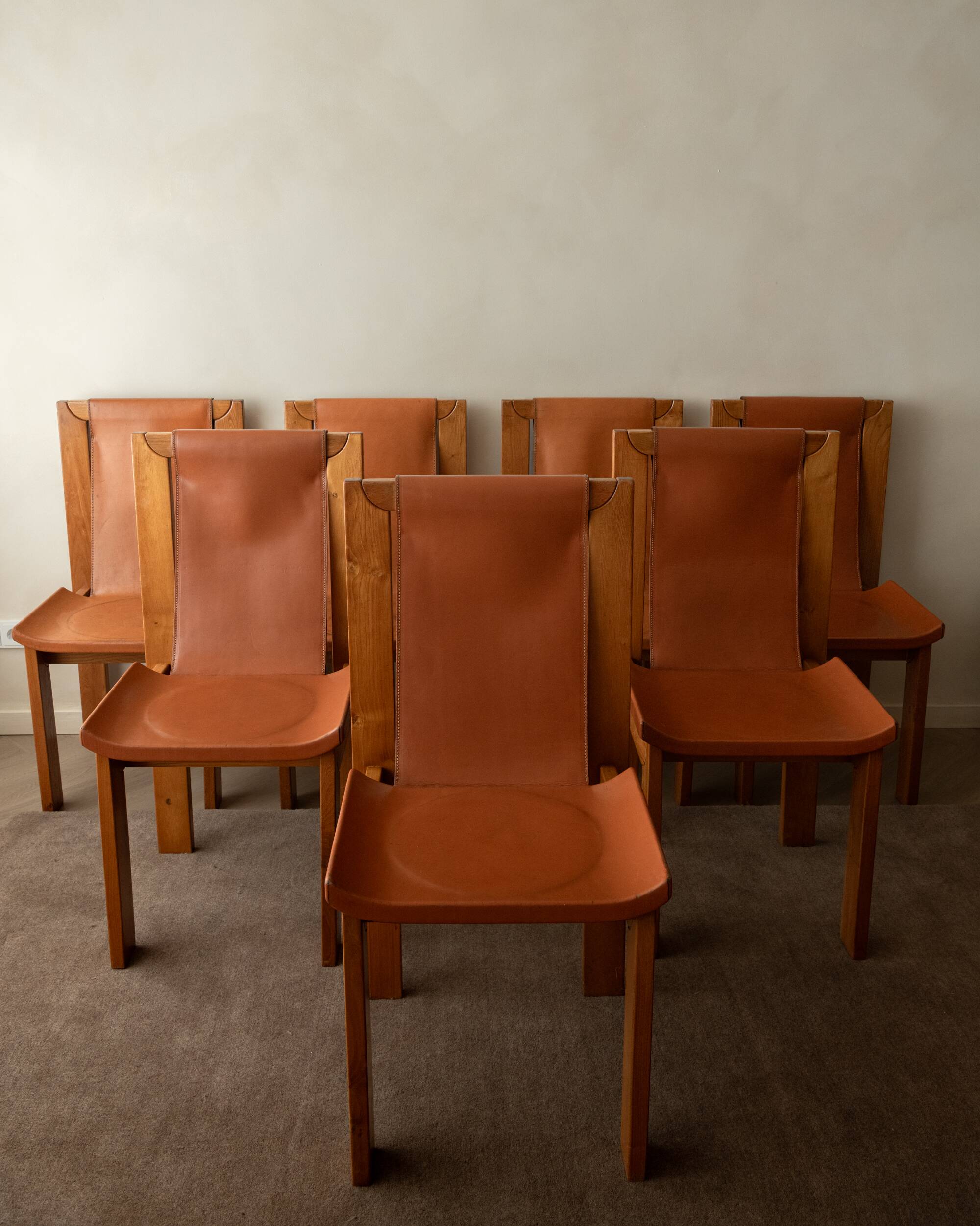 Wood Leather Dining Chairs Luigi Gorgoni Roche Bobois, 1970s, Set of 7