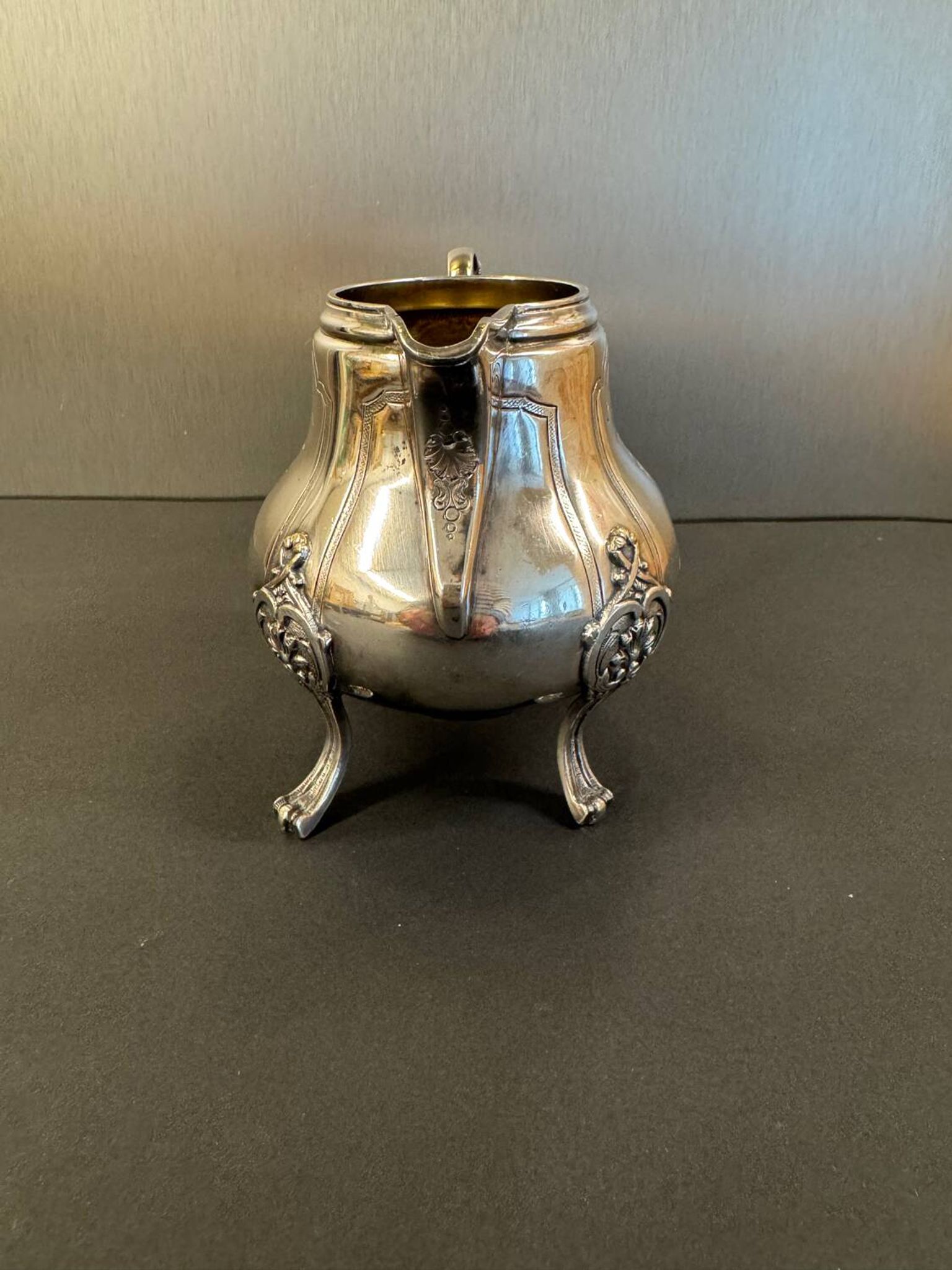 Antique silver-plated metal milk jug – Rococo style, chased decoration, early