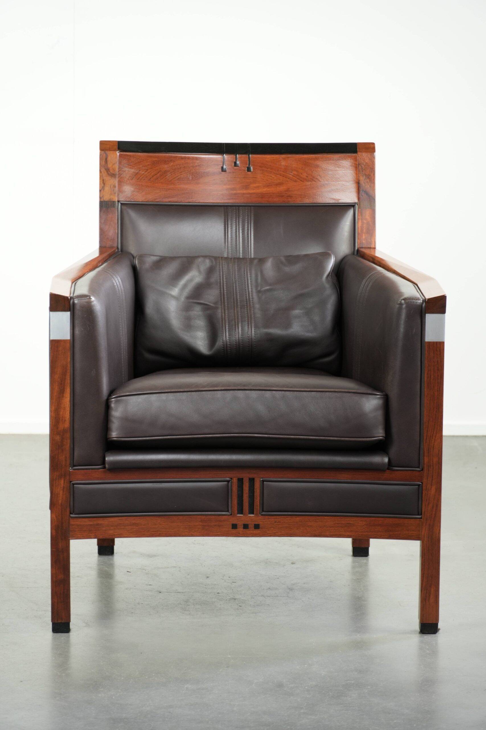 Art Deco design armchair with dark brown cowhide upholstery