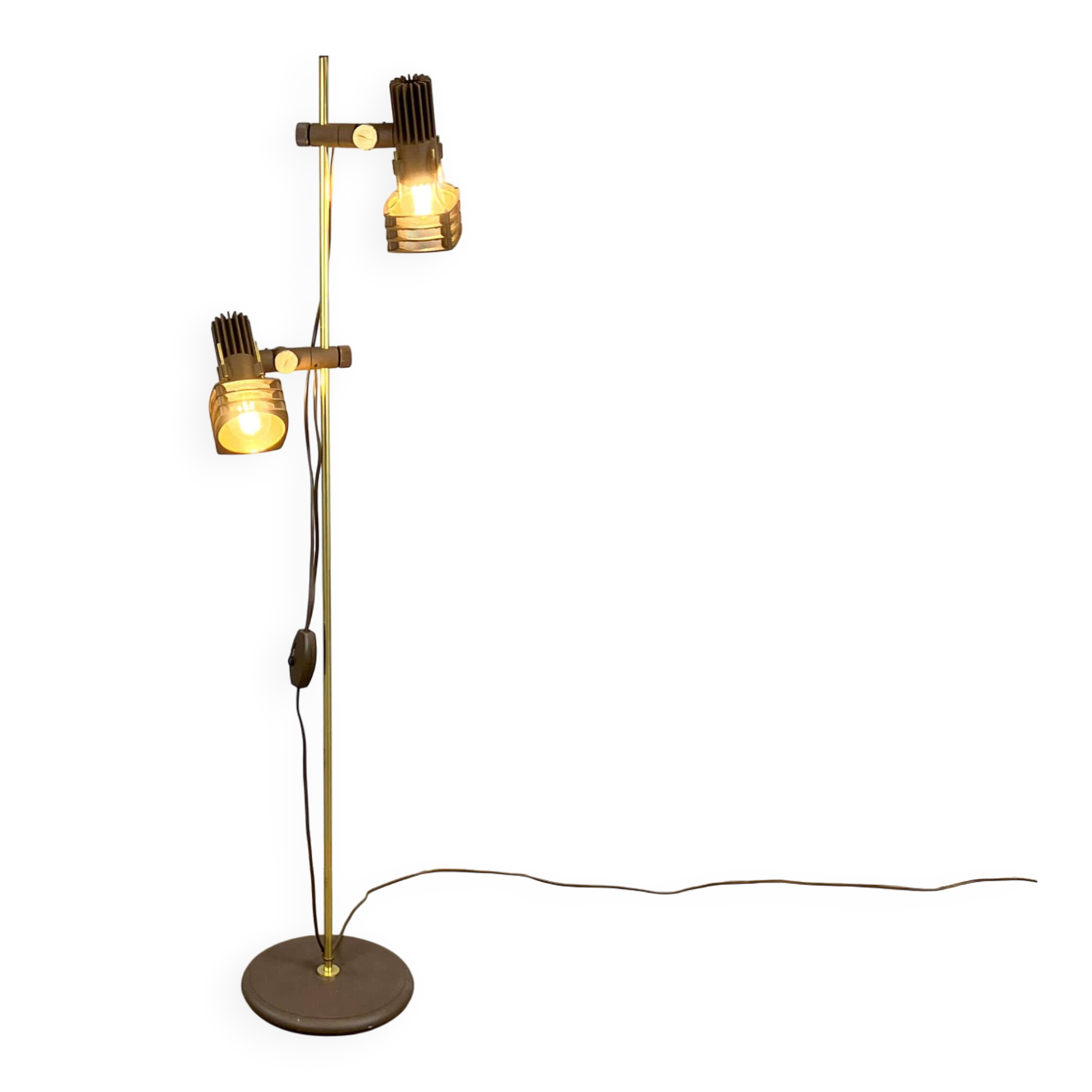 2-bulb floor lamp by Hustadt Leuchten, plastic spotlights on a brass pole, 1970s