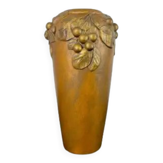 Vase Art Nouveau en céramique dorée et terre cuite signé Desrousseaux France