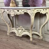 Console de style Louis XV patine beige, marbre de Carrare vers 1880