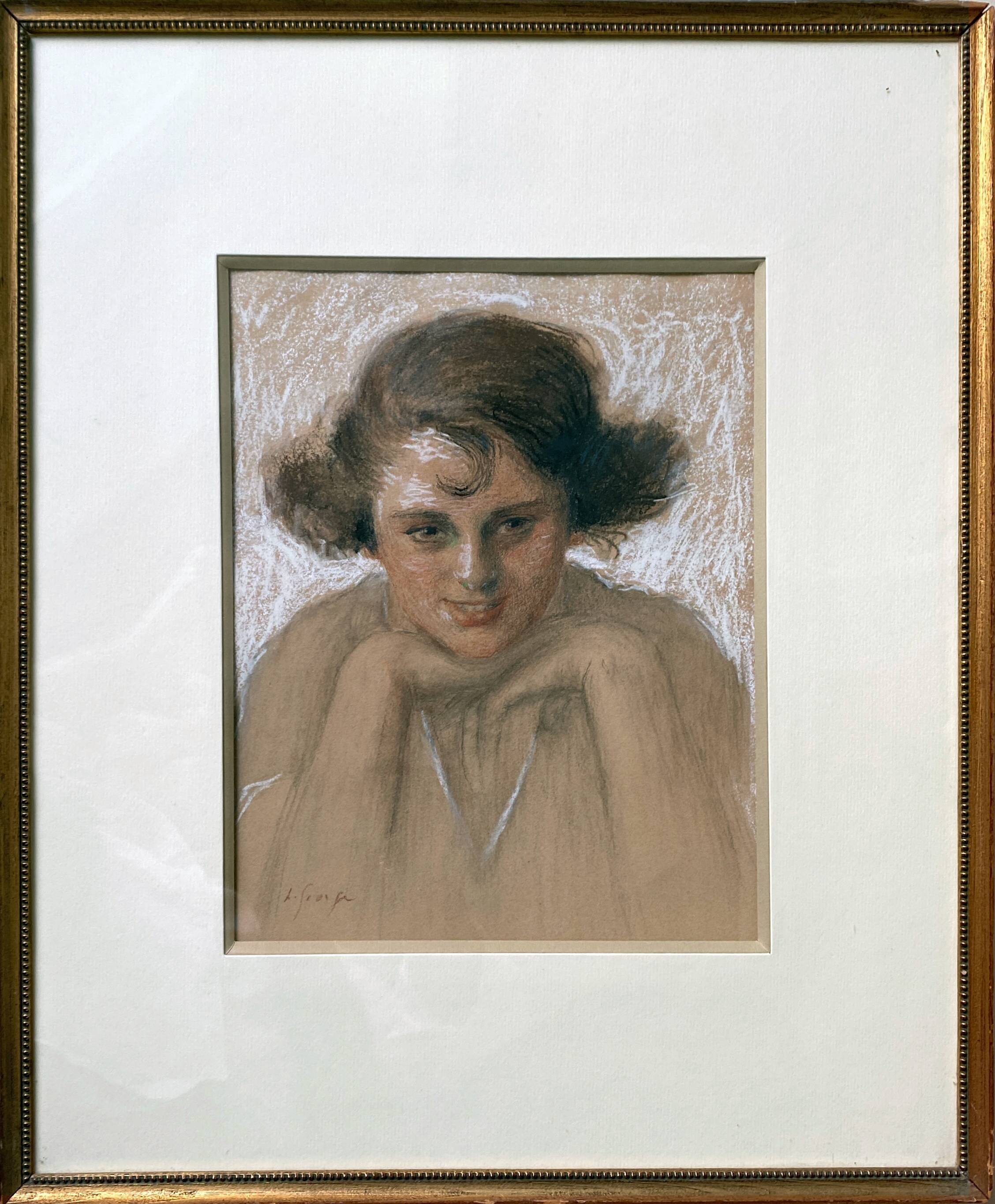 Painting drawing and flange "Young smiling woman" 30's signed L. George