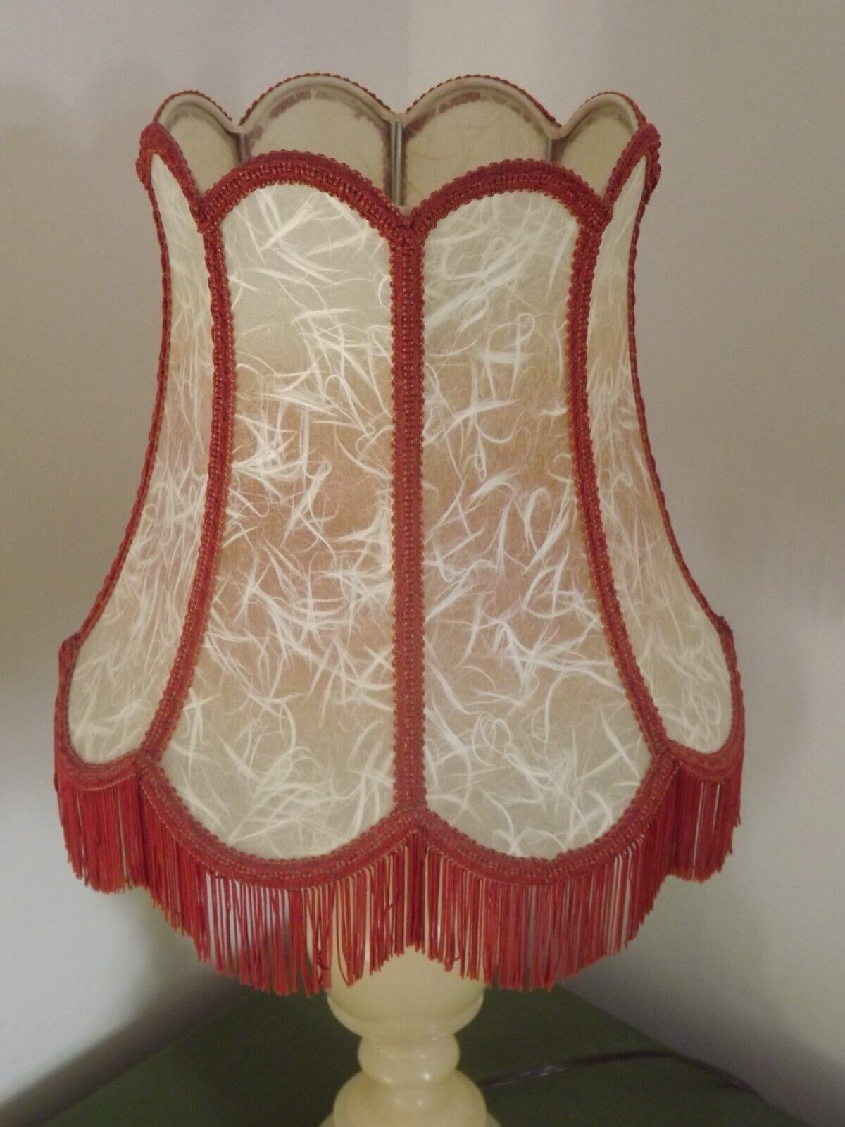 French vintage round marble table lamp with hide skin decorative shade