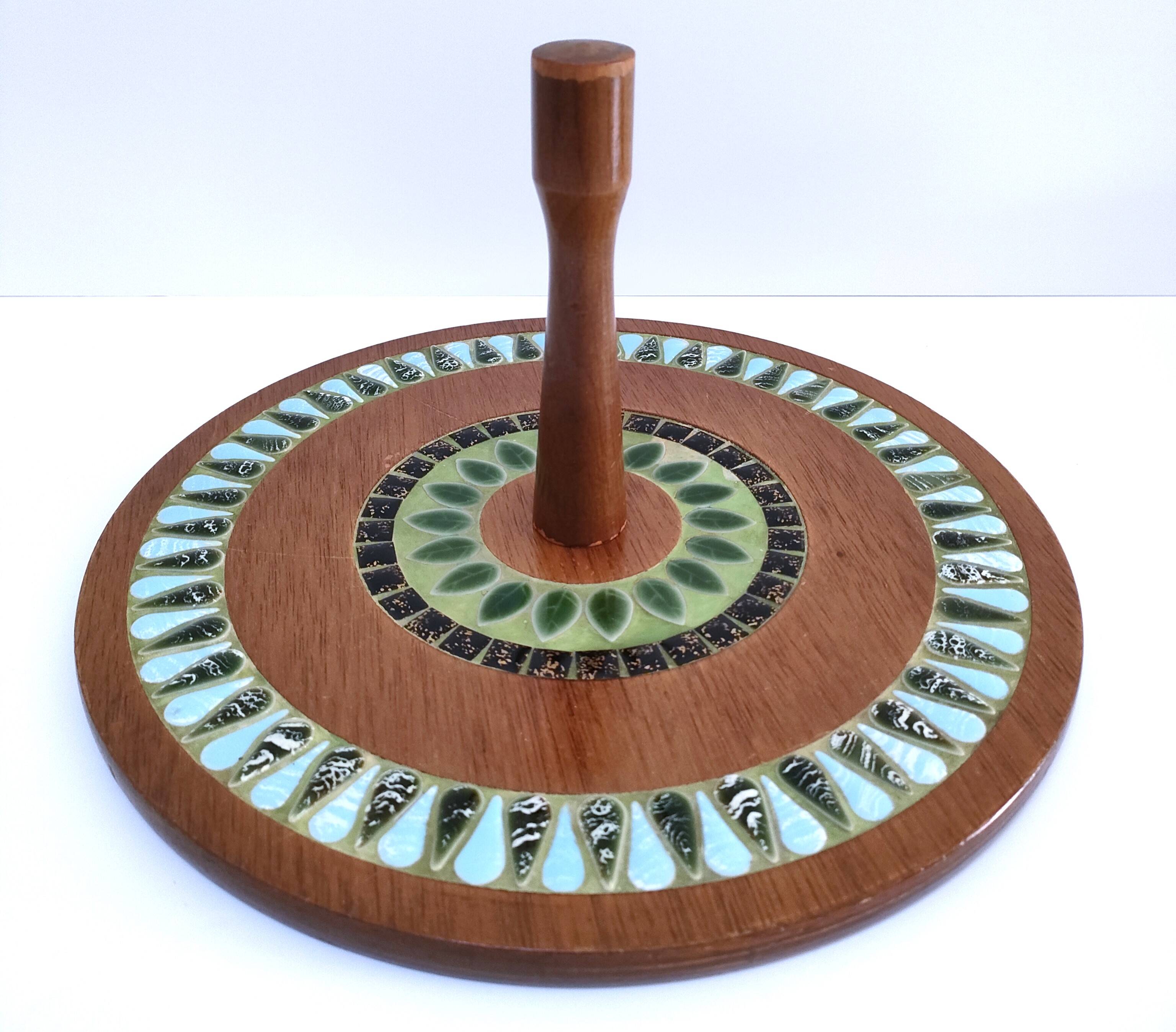 Wooden cheese tray with vintage enameled decor