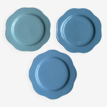 Lot de 3 petites assiettes à dessert bleues (3 tons de bleu dégradés) en forme de fleur, corolle