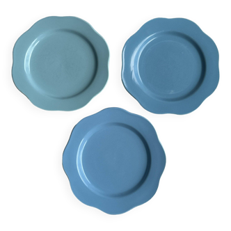 Lot de 3 petites assiettes à dessert bleues (3 tons de bleu dégradés) en forme de fleur, corolle