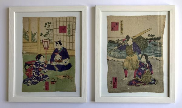 Duo d'estampes japonaises sur papier chiffon, Le pêcheur & Cérémonie du thé