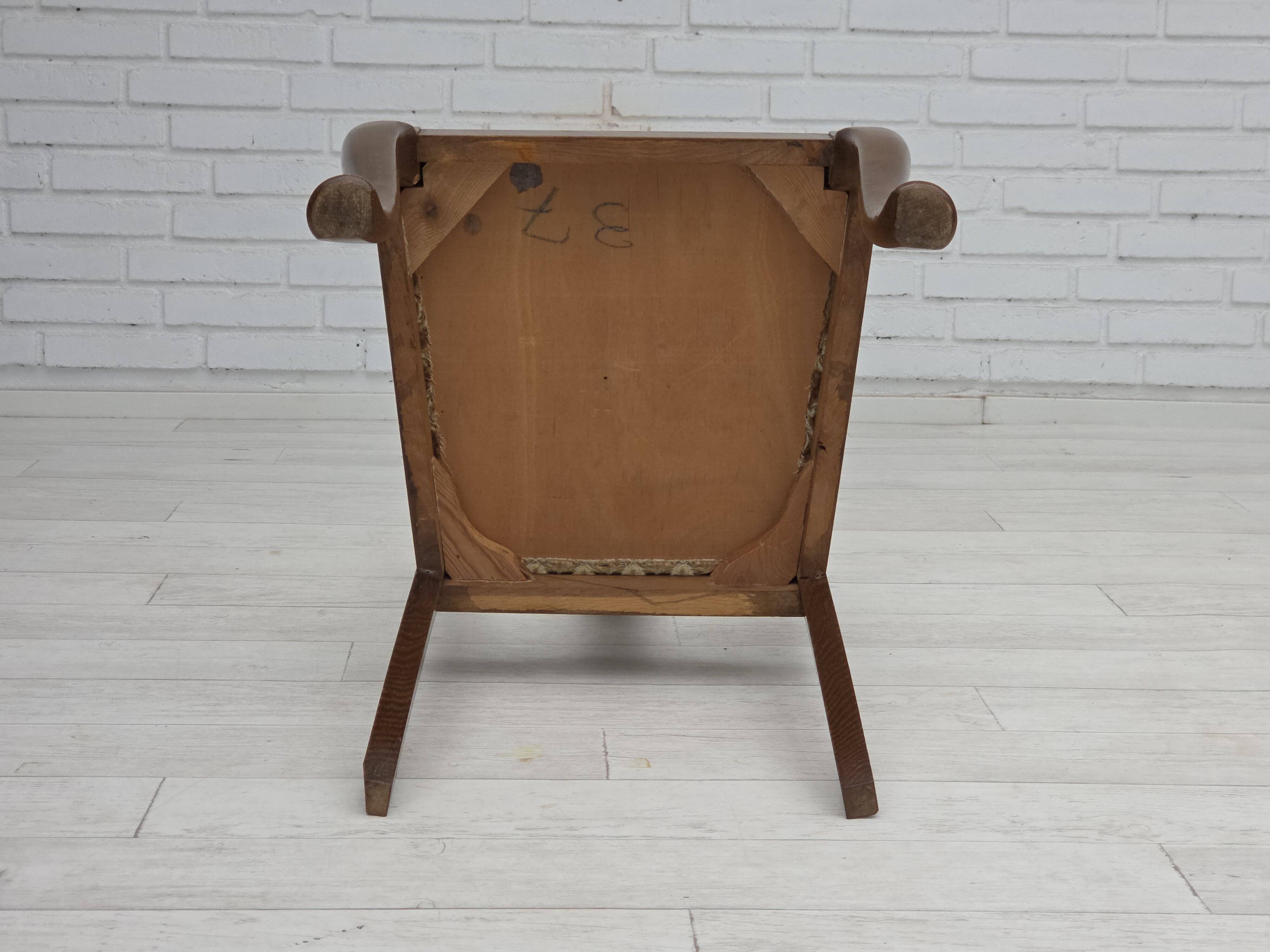 1930s, set of 6 Danish chairs, furniture velour, oak wood, reupholstered.