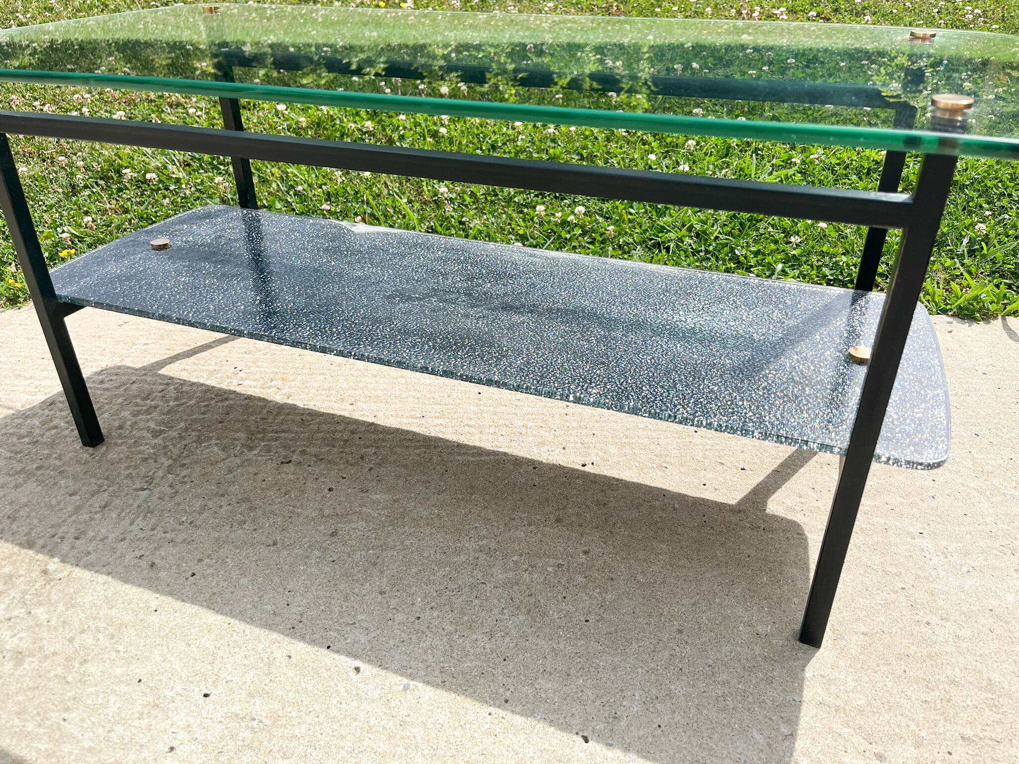 Coffee table with 2 shelves, glass and metal, from the 50s