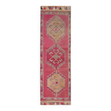 Vintage Turkish Hand-Knotted Wool Cotton Pink Runner Rug 95x309