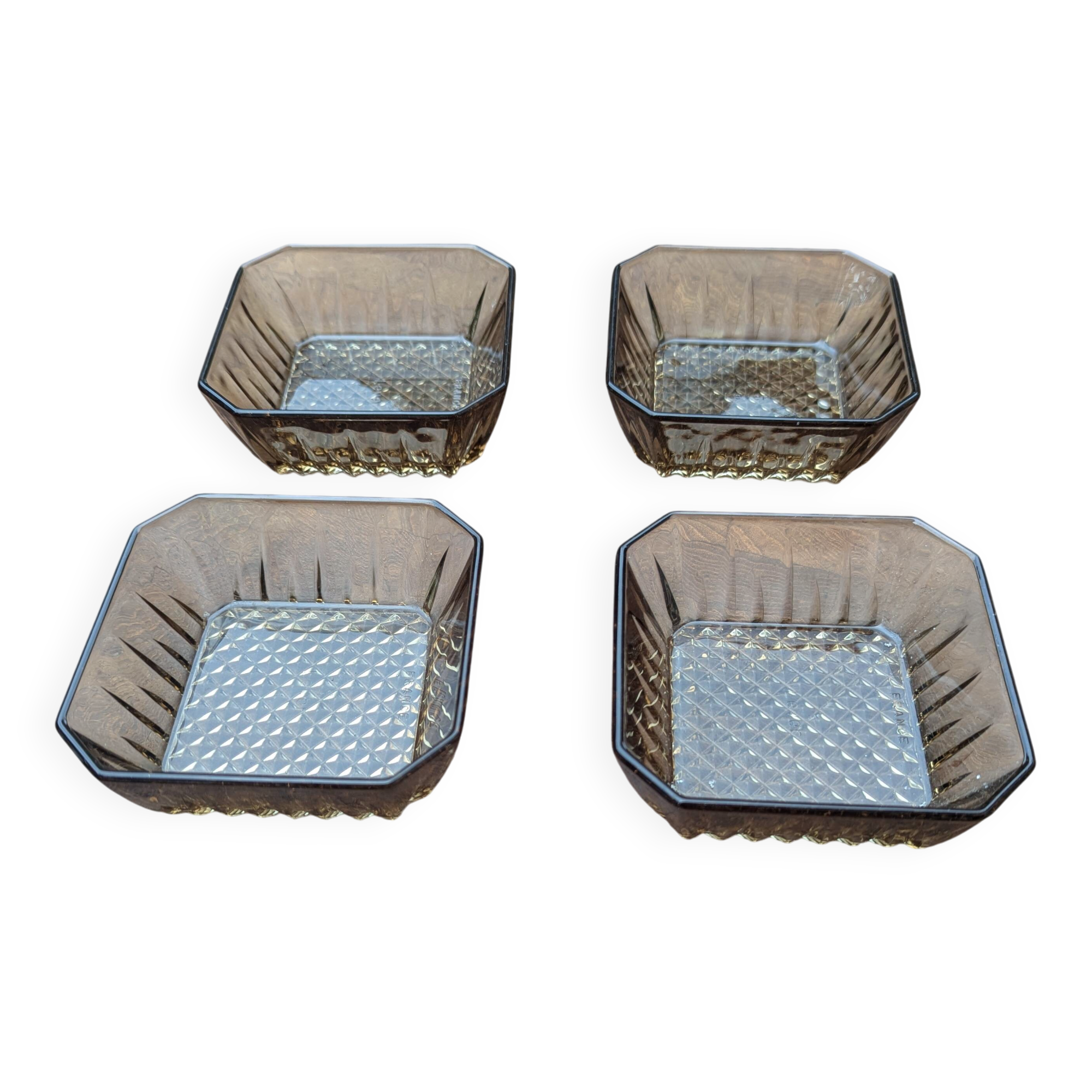Set of 4 small square bowls - smoked glass - retro design - 70s / 80s