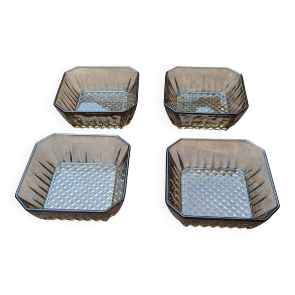 Lot de 4 petits bols carrés - verre fumé - design rétro - année 70 / 80