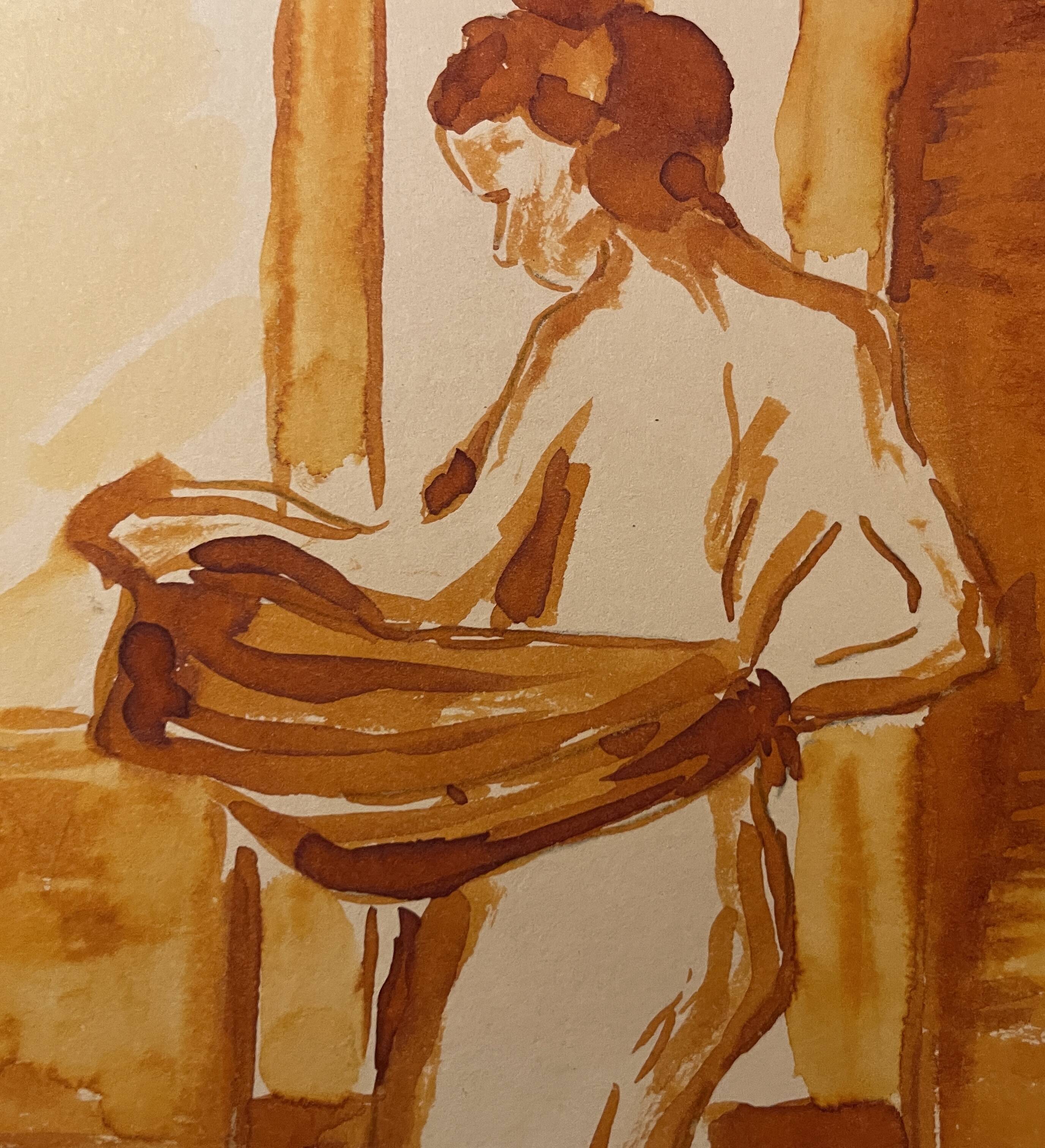 Red chalk watercolor portrait of a woman "study of coming out of the bath"