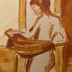 Red chalk watercolor portrait of a woman "study of coming out of the bath"
