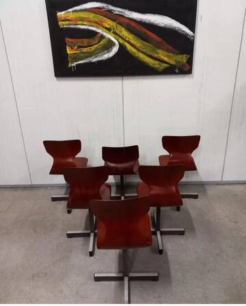 Set of 6 mid-century modern Pagholz chairs, moulded plywood seats, steel base, 1960s