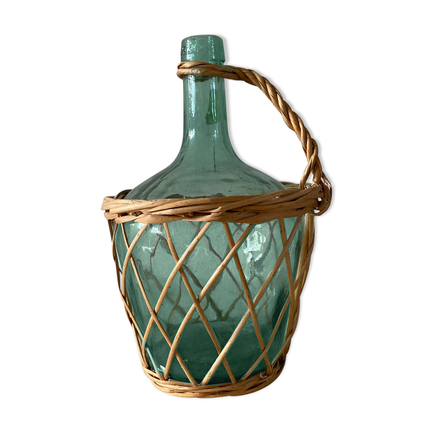 Bouteille dame Jeanne en verre bleu et osier
