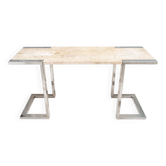 Console in chromed metal and travertine, italy, 1970s