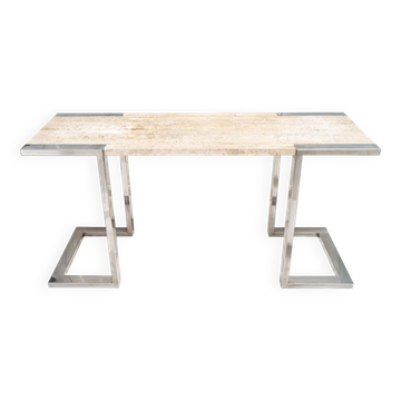 Console in chromed metal and travertine, italy, 1970s