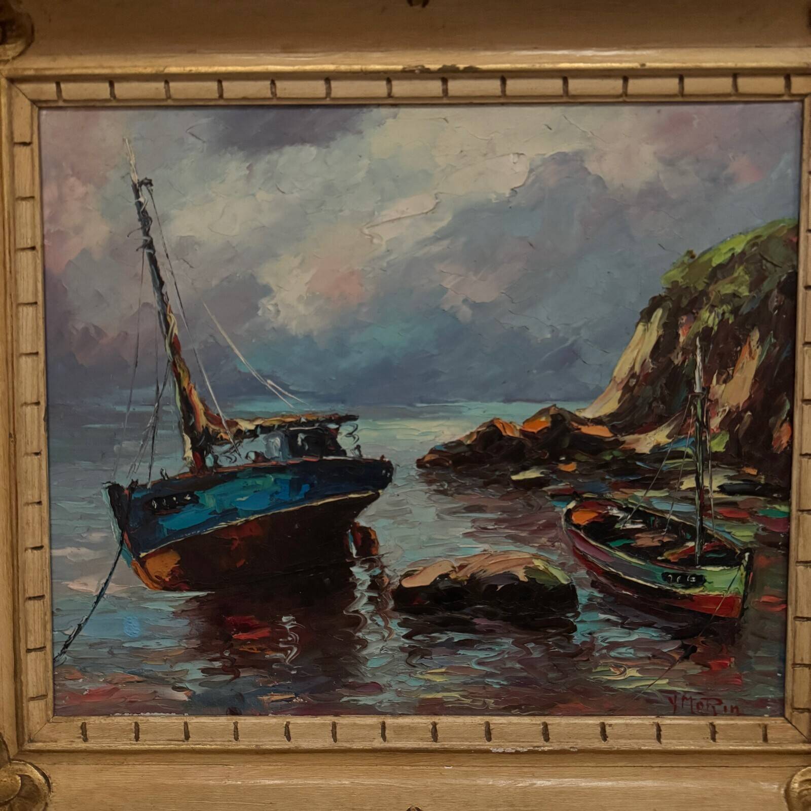 Oil on canvas fishing boats 1950 by Y. Morin